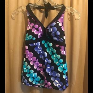 Nike 8 black tie-back halter top with purple aqua and rose colored bubbles